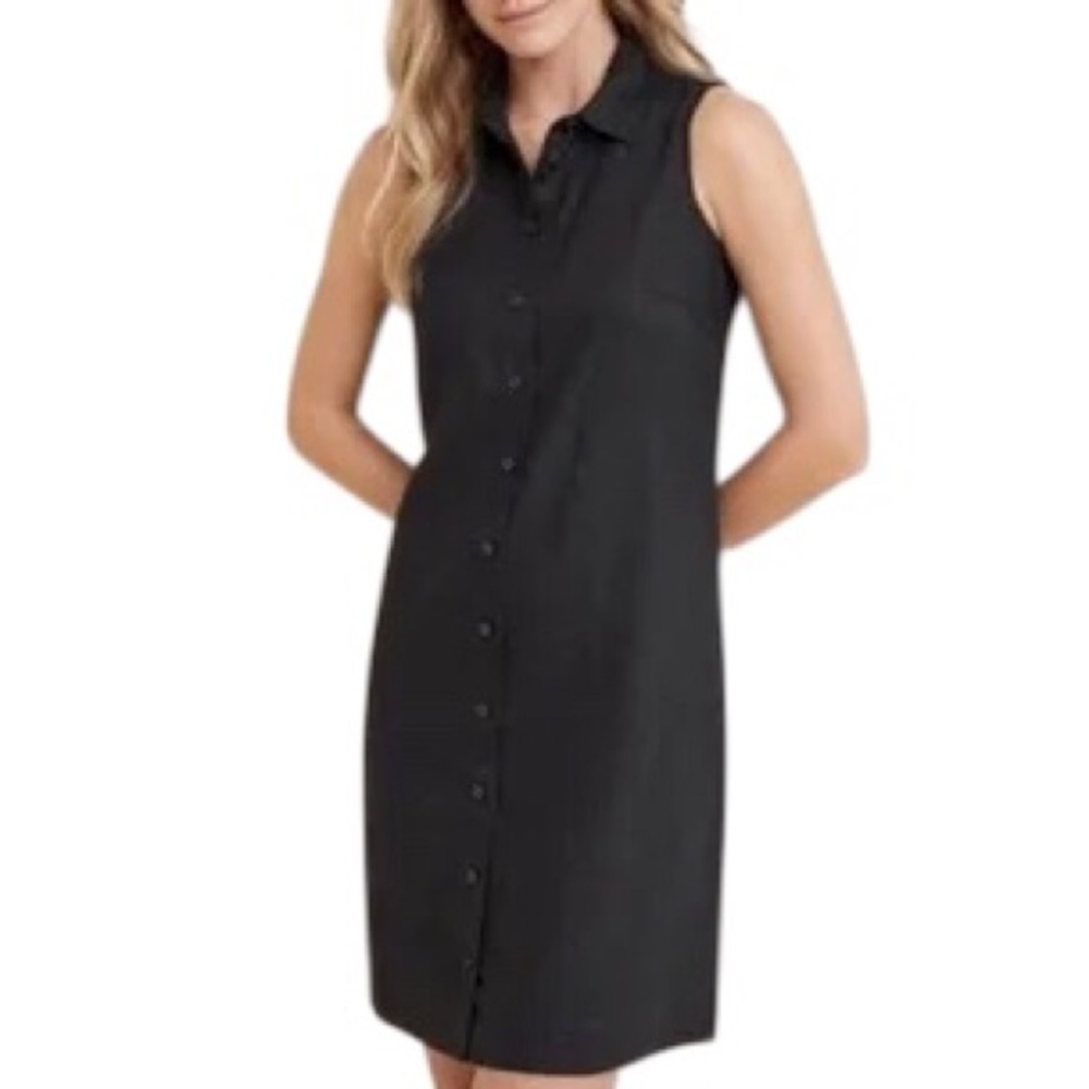 Garnet Hill 100% Linen Shirt Dress Size 8 Black Coastal Minimalist Beach Cruise